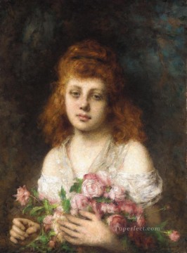 アレクセイ・ハルラモフ Painting - バラの花束を持つ赤褐色の髪の美しさの少女の肖像画アレクセイ・ハラモフ